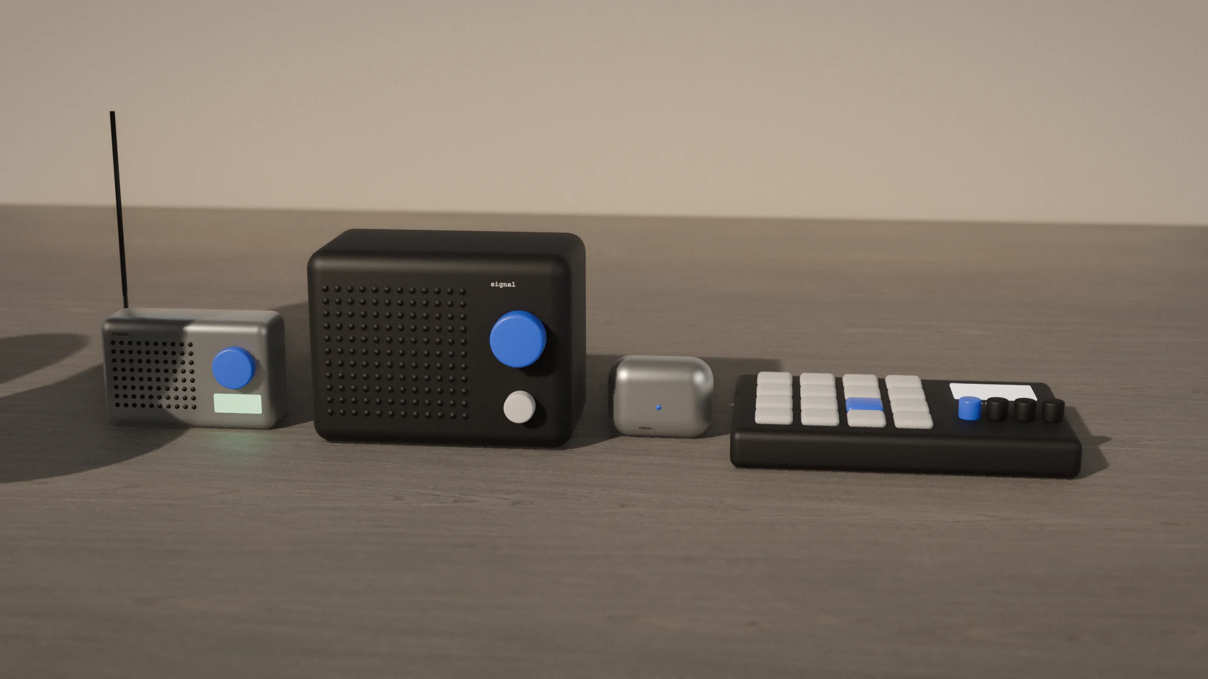 The four signal devices in a row: wave radio, drum speaker, pod earbuds and the grid sampler